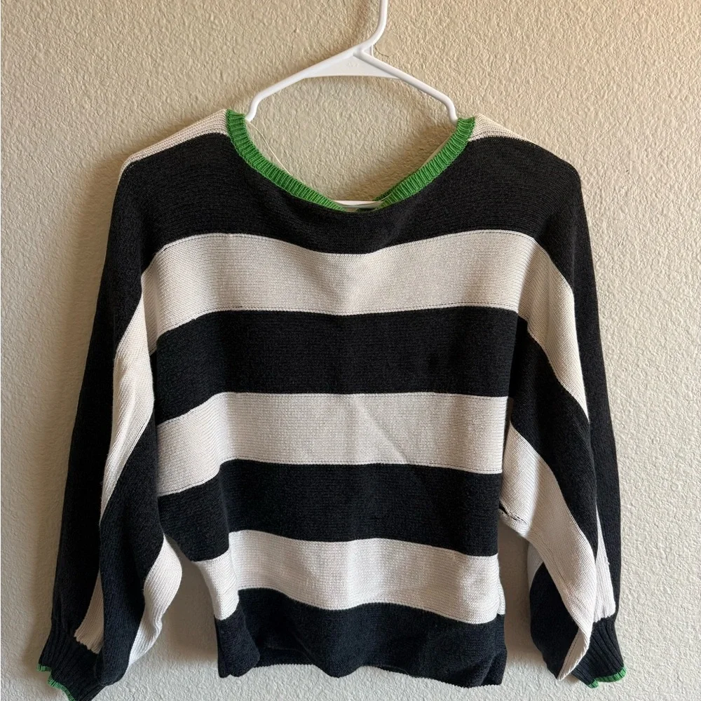 Maeve Anthropologie Slouchy Boatneck Black & White Striped Sweater Green Touch - Picture 2 of 10